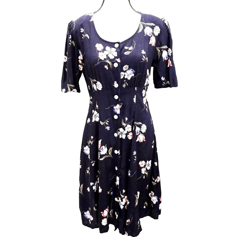 VTG 90s Ultimate Blues Floral Midi Boho Tea Dress 9 Rayon Button Front Navy USA